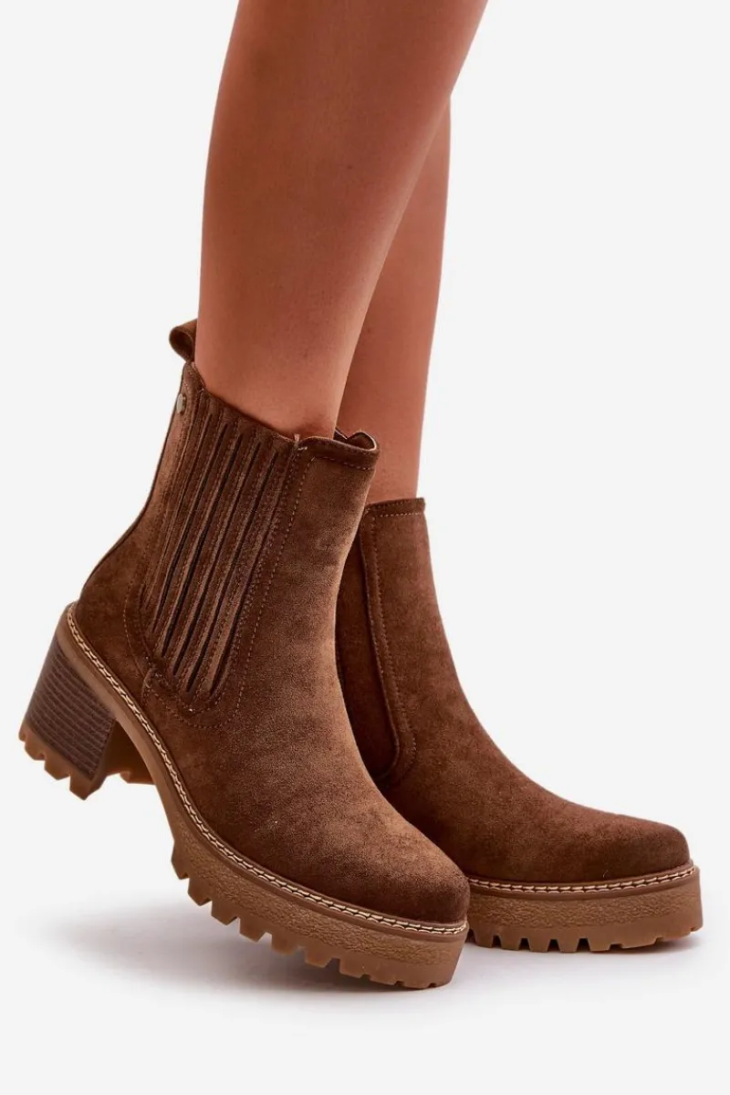 Discount Botki Damskie Na Słupku Z Eko Zamszu Ocieplane Ciemnobrązowe Nevitas Damskie Botki Ocieplane|Brązowe I Beżowe Botki