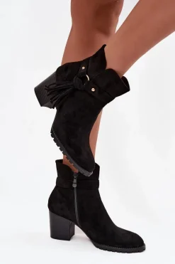 Boto Botki Damskie Na Słupku Z Frędzlami Czarne Rosabella Czarny