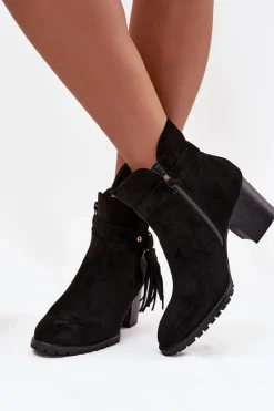 Boto Botki Damskie Na Słupku Z Frędzlami Czarne Rosabella Czarny