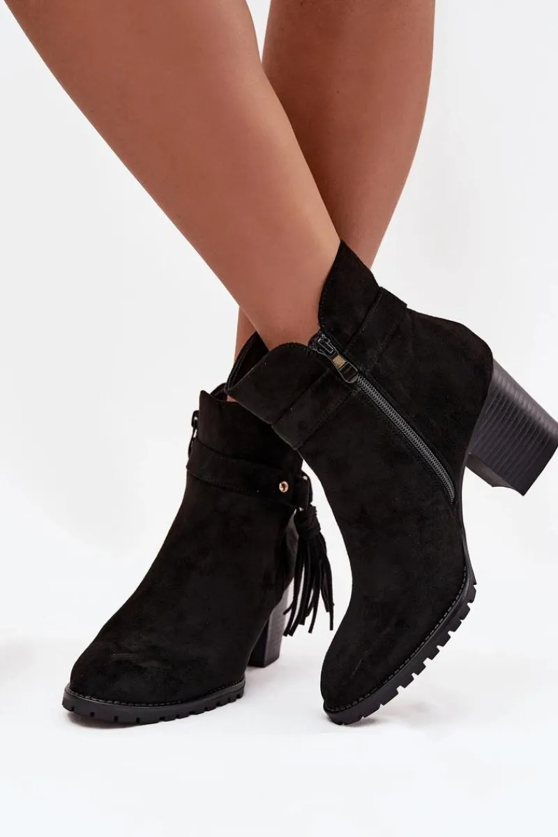 Boto Botki Damskie Na Słupku Z Frędzlami Czarne Rosabella Czarny