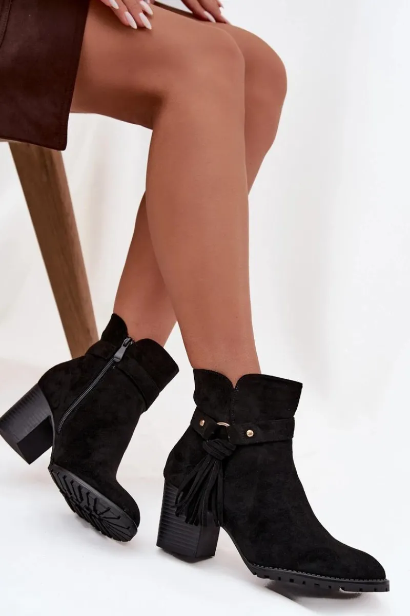 Boto Botki Damskie Na Słupku Z Frędzlami Czarne Rosabella Czarny