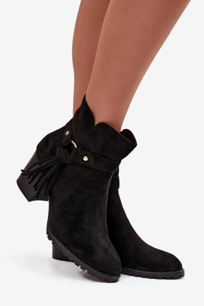 Boto Botki Damskie Na Słupku Z Frędzlami Czarne Rosabella Czarny
