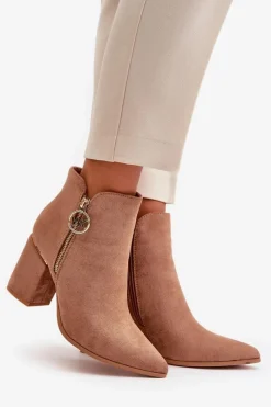 Hot Botki Damskie Na Słupku Z Noskami W Szpic Eko Zamszowe Ocieplane Brązowe Raisha Damskie Brązowe I Beżowe Botki|Botki Na Obcasie