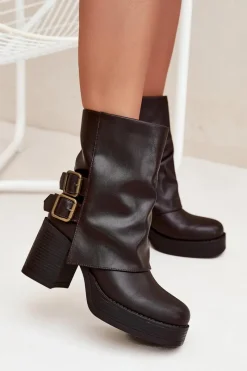 Botki Damskie Na Słupku Z Klamrami Czekoladowe Marena Damskie Botki Na Obcasie