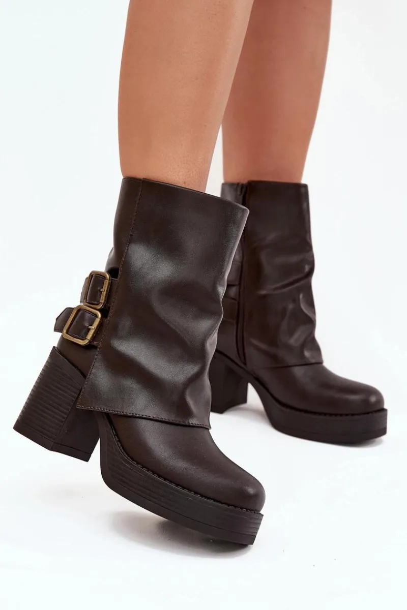 Botki Damskie Na Słupku Z Klamrami Czekoladowe Marena Damskie Botki Na Obcasie