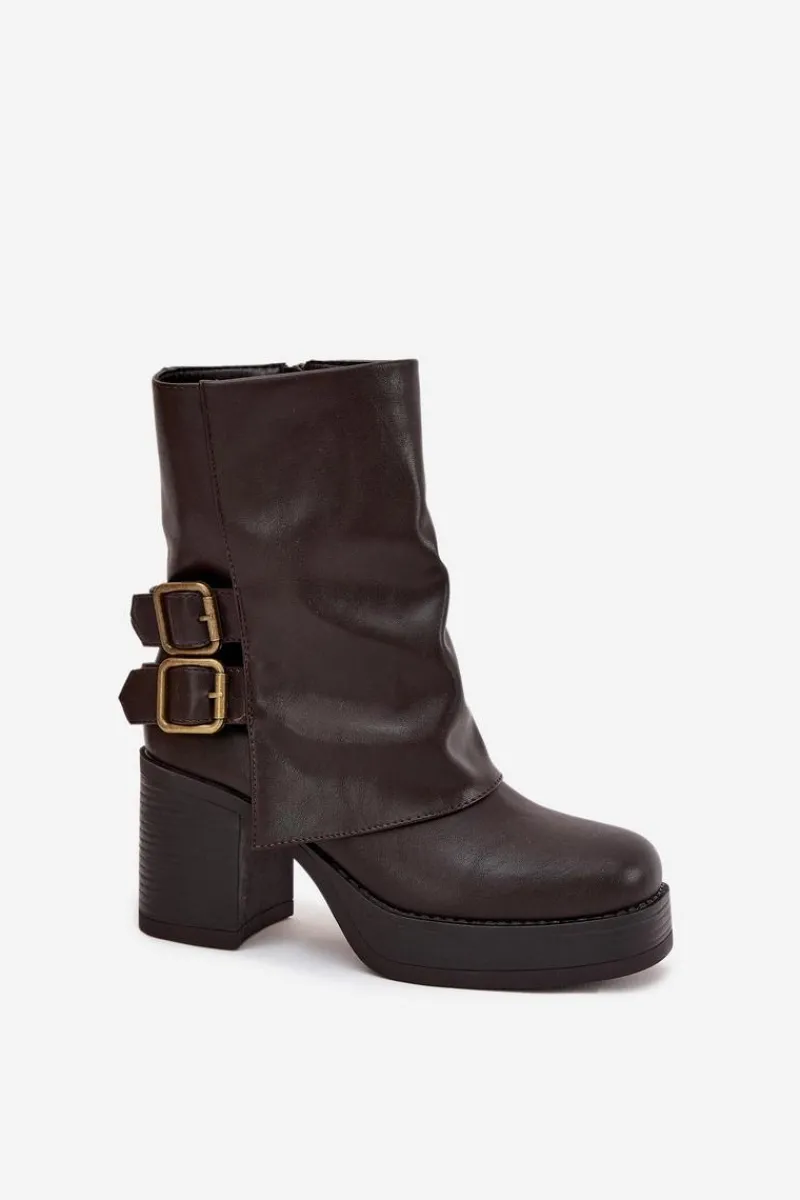 Botki Damskie Na Słupku Z Klamrami Czekoladowe Marena Damskie Botki Na Obcasie