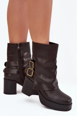 Botki Damskie Na Słupku Z Klamrami Czekoladowe Marena Damskie Botki Na Obcasie