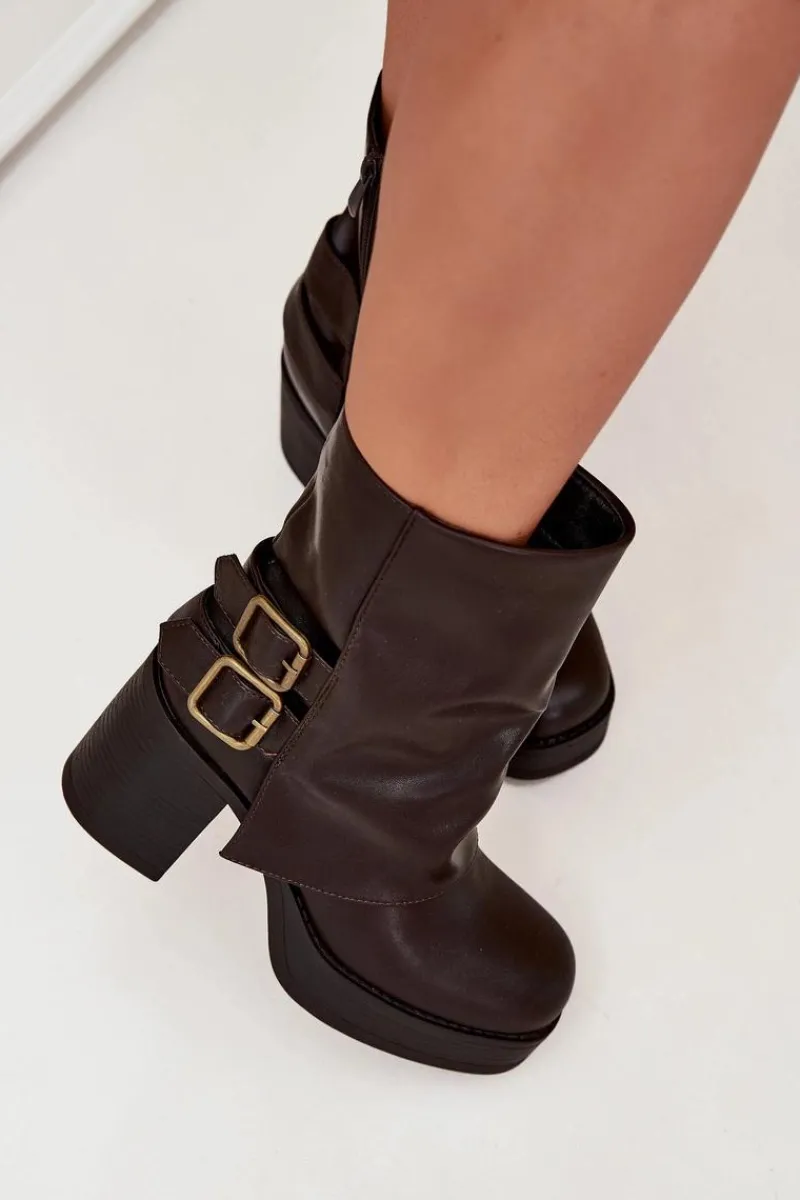 Botki Damskie Na Słupku Z Klamrami Czekoladowe Marena Damskie Botki Na Obcasie