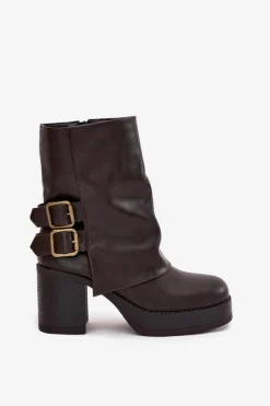 Botki Damskie Na Słupku Z Klamrami Czekoladowe Marena Damskie Botki Na Obcasie