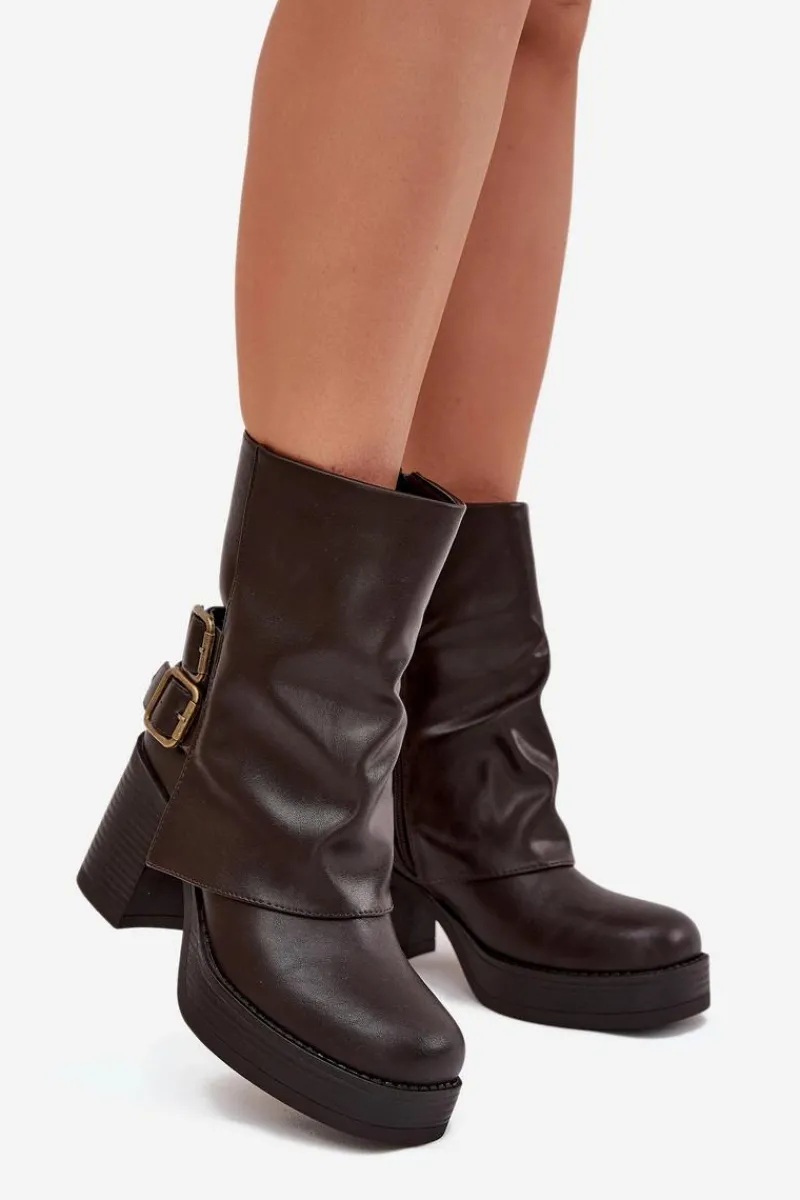 Botki Damskie Na Słupku Z Klamrami Czekoladowe Marena Damskie Botki Na Obcasie