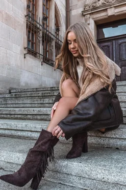 Hot Botki Damskie Na Słupku Z Frędzlami I Marszczeniem Ocieplane Czekoladowe Darlina Damskie Botki Ocieplane|Botki Na Słupku