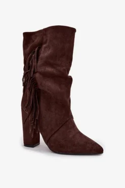 Hot Botki Damskie Na Słupku Z Frędzlami I Marszczeniem Ocieplane Czekoladowe Darlina Damskie Botki Ocieplane|Botki Na Słupku