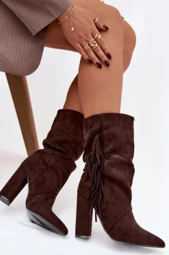 Hot Botki Damskie Na Słupku Z Frędzlami I Marszczeniem Ocieplane Czekoladowe Darlina Damskie Botki Ocieplane|Botki Na Słupku