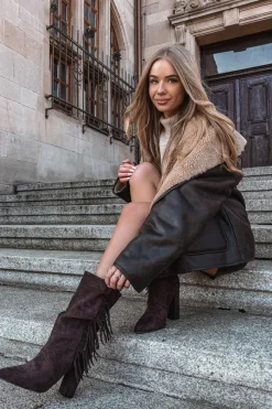 Hot Botki Damskie Na Słupku Z Frędzlami I Marszczeniem Ocieplane Czekoladowe Darlina Damskie Botki Ocieplane|Botki Na Słupku