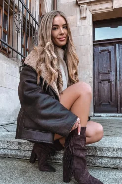 Hot Botki Damskie Na Słupku Z Frędzlami I Marszczeniem Ocieplane Czekoladowe Darlina Damskie Botki Ocieplane|Botki Na Słupku