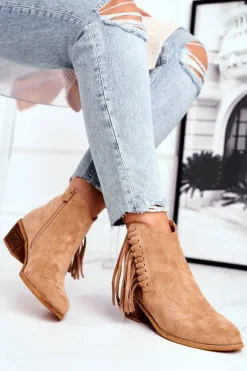 Hot Botki Damskie Na Słupku Z Frędzlami Kowbojki Khaki Mirage Damskie Botki Na Słupku|Czarne Botki