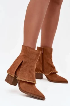 Outlet Boto Botki Damskie Na Słupku Z Wywiniętą Cholewką Camel Idalia Brązowy