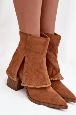 Outlet Boto Botki Damskie Na Słupku Z Wywiniętą Cholewką Camel Idalia Brązowy