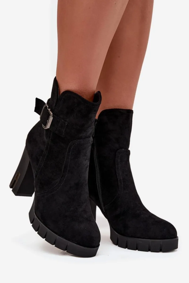 Botki Na Słupku|Botki Ocieplane>Boto Botki Damskie Na Słupku Z Klamrą Ocieplane Czarne Selisse