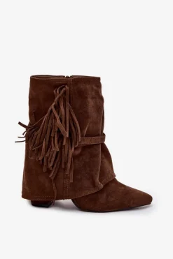 Clearance Botki Damskie Na Słupku Z Frędzlami I Złotymi Klamrami Brązowe Evelisse Damskie Botki Na Słupku|Czarne Botki