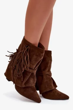 Clearance Botki Damskie Na Słupku Z Frędzlami I Złotymi Klamrami Brązowe Evelisse Damskie Botki Na Słupku|Czarne Botki