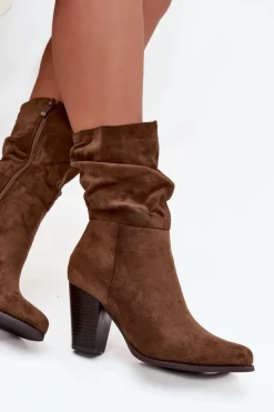 Best Boto Botki Damskie Na Słupku Z Marszczeniem Brązowe Jovessa