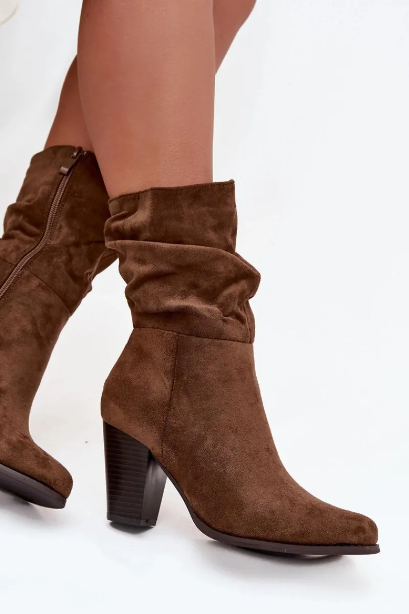 Best Boto Botki Damskie Na Słupku Z Marszczeniem Brązowe Jovessa