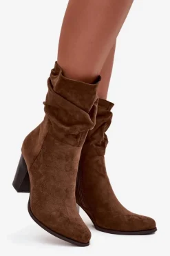Best Boto Botki Damskie Na Słupku Z Marszczeniem Brązowe Jovessa