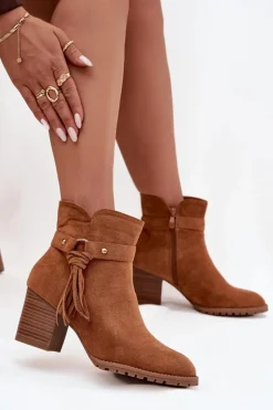 Botki Na Słupku|Botki Na Obcasie>Boto Botki Damskie Na Słupku Z Frędzlami Camel Rosabella Brązowy