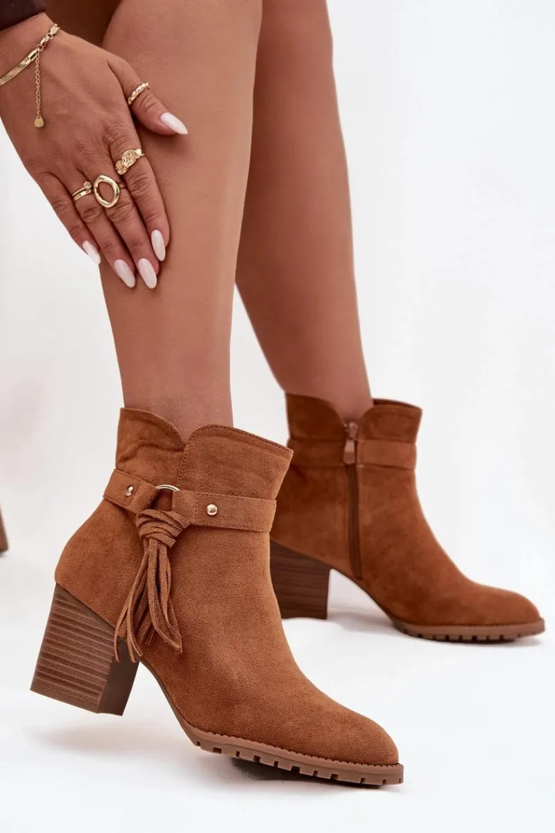 Botki Na Słupku|Botki Na Obcasie>Boto Botki Damskie Na Słupku Z Frędzlami Camel Rosabella Brązowy