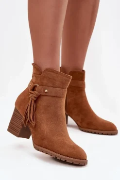 Botki Na Słupku|Botki Na Obcasie>Boto Botki Damskie Na Słupku Z Frędzlami Camel Rosabella Brązowy