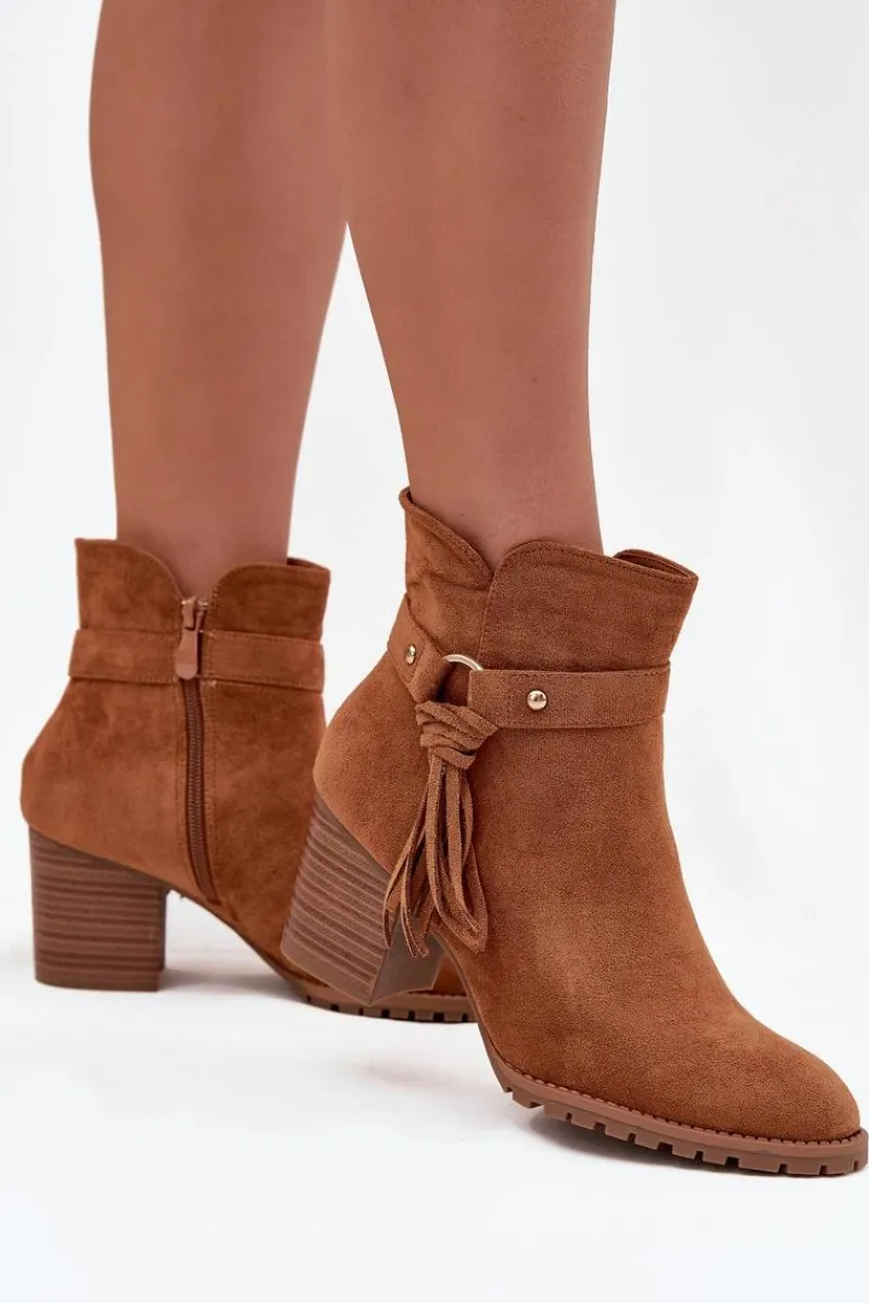 Botki Na Słupku|Botki Na Obcasie>Boto Botki Damskie Na Słupku Z Frędzlami Camel Rosabella Brązowy