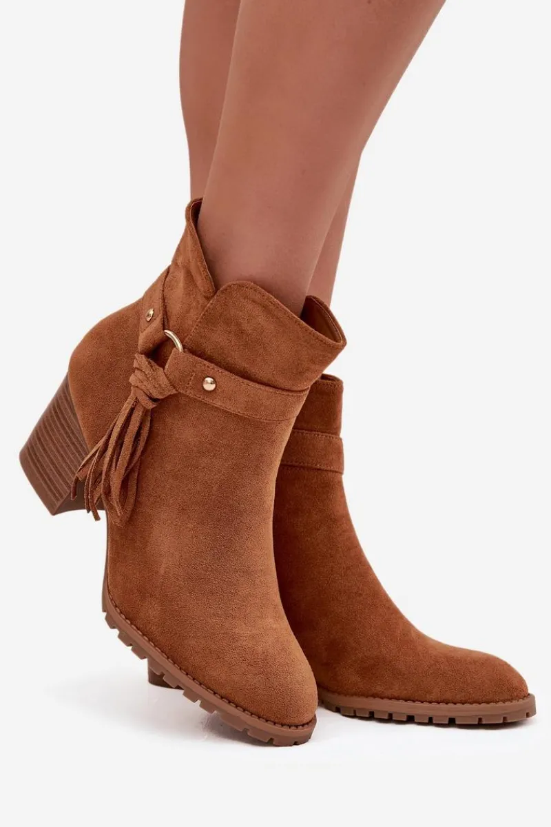 Botki Na Słupku|Botki Na Obcasie>Boto Botki Damskie Na Słupku Z Frędzlami Camel Rosabella Brązowy