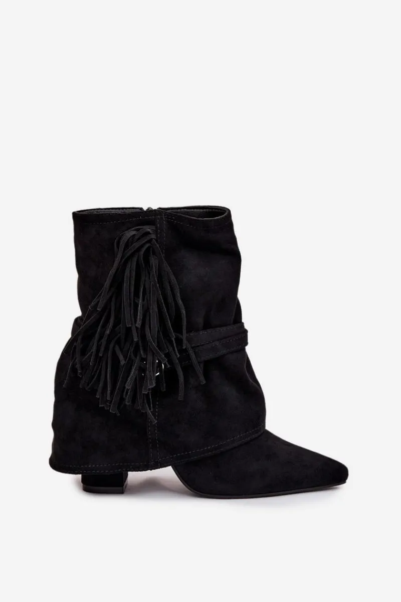 Botki Na Słupku|Czarne Botki>Boto Botki Damskie Na Słupku Z Frędzlami I Złotymi Klamrami Czarne Evelisse Czarny