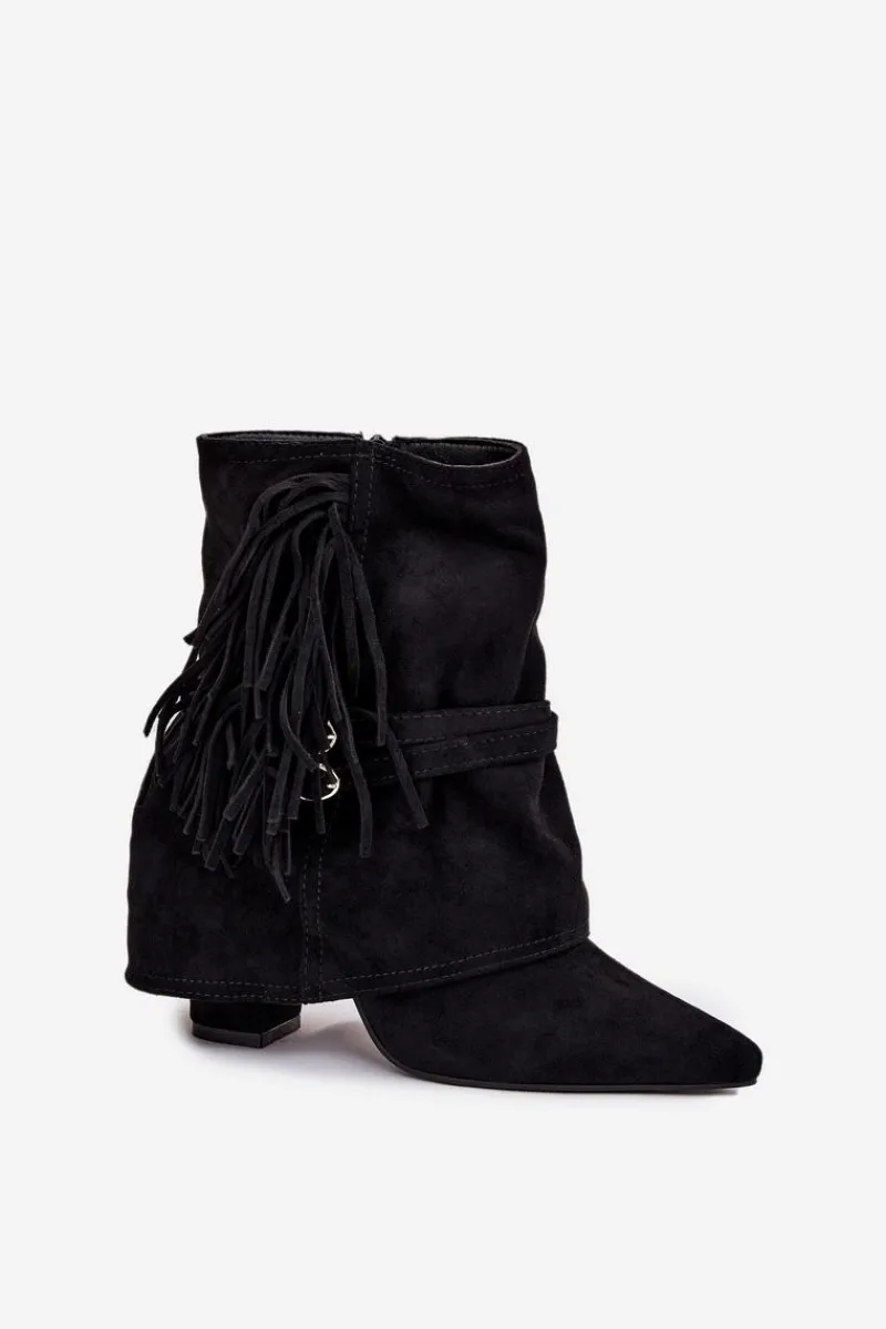 Botki Na Słupku|Czarne Botki>Boto Botki Damskie Na Słupku Z Frędzlami I Złotymi Klamrami Czarne Evelisse Czarny