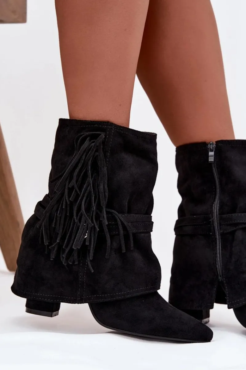 Botki Na Słupku|Czarne Botki>Boto Botki Damskie Na Słupku Z Frędzlami I Złotymi Klamrami Czarne Evelisse Czarny