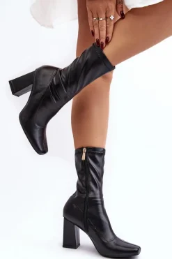 Hot Botki Damskie Na Słupku Z Kwadratowym Noskiem Czarne Glavina Damskie Botki Na Słupku|Botki Na Obcasie