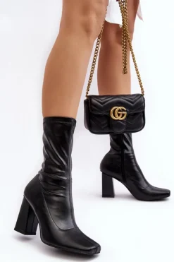 Hot Botki Damskie Na Słupku Z Kwadratowym Noskiem Czarne Glavina Damskie Botki Na Słupku|Botki Na Obcasie