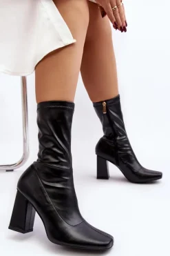 Hot Botki Damskie Na Słupku Z Kwadratowym Noskiem Czarne Glavina Damskie Botki Na Słupku|Botki Na Obcasie