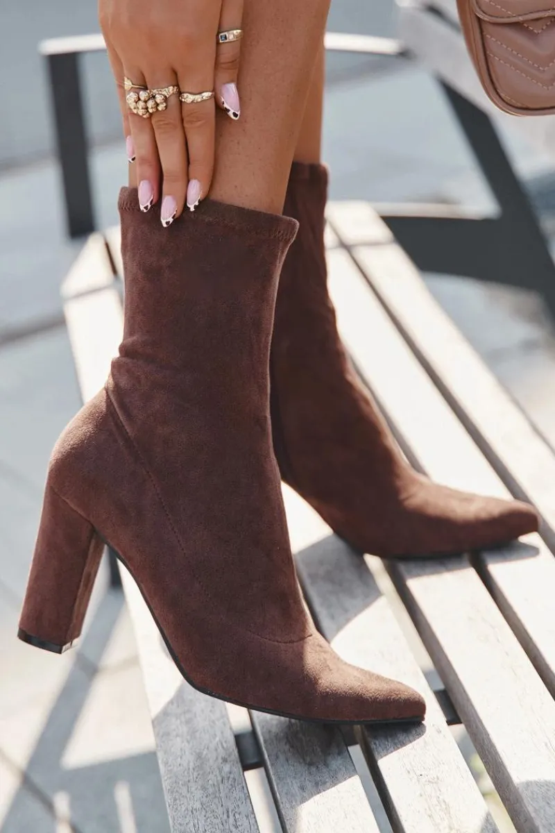 Botki Ocieplane|Botki Na Słupku>Boto Botki Damskie Na Słupku Z Przeszyciami Brązowe Rosivelle