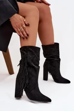 Hot Boto Botki Damskie Na Słupku Z Frędzlami I Marszczeniem Ocieplane Czarne Darlina Czarny