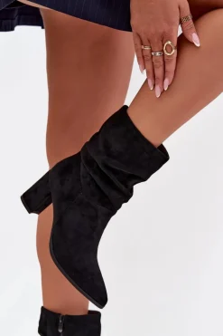 Botki Damskie Na Słupku Z Marszczeniem Ocieplane Czarne Amelise Damskie Botki Ocieplane|Botki Na Słupku