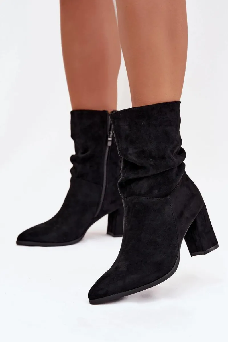 Botki Damskie Na Słupku Z Marszczeniem Ocieplane Czarne Amelise Damskie Botki Ocieplane|Botki Na Słupku