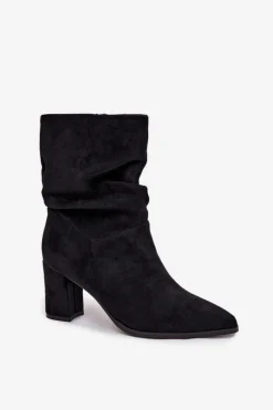 Botki Damskie Na Słupku Z Marszczeniem Ocieplane Czarne Amelise Damskie Botki Ocieplane|Botki Na Słupku