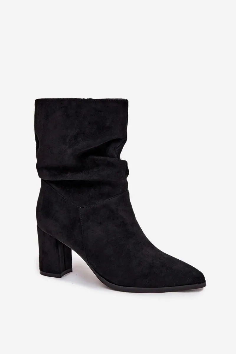 Botki Damskie Na Słupku Z Marszczeniem Ocieplane Czarne Amelise Damskie Botki Ocieplane|Botki Na Słupku