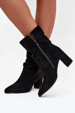 Botki Damskie Na Słupku Z Marszczeniem Ocieplane Czarne Amelise Damskie Botki Ocieplane|Botki Na Słupku