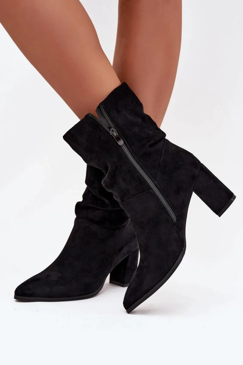 Botki Damskie Na Słupku Z Marszczeniem Ocieplane Czarne Amelise Damskie Botki Ocieplane|Botki Na Słupku