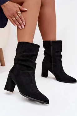 Botki Damskie Na Słupku Z Marszczeniem Ocieplane Czarne Amelise Damskie Botki Ocieplane|Botki Na Słupku