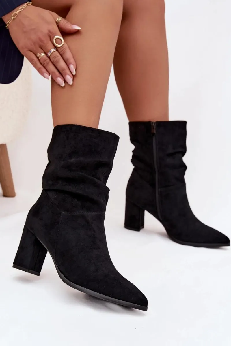 Botki Damskie Na Słupku Z Marszczeniem Ocieplane Czarne Amelise Damskie Botki Ocieplane|Botki Na Słupku