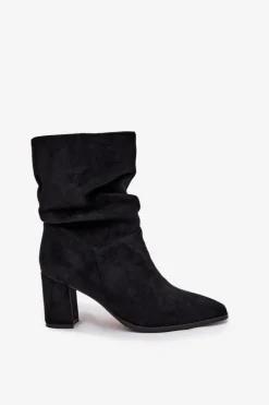 Botki Damskie Na Słupku Z Marszczeniem Ocieplane Czarne Amelise Damskie Botki Ocieplane|Botki Na Słupku